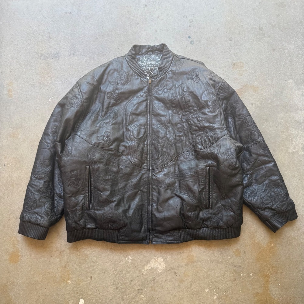 Desert Well Leather Mens 5XL Black Embossed Skull Biker Bomber Jacket Zip Up